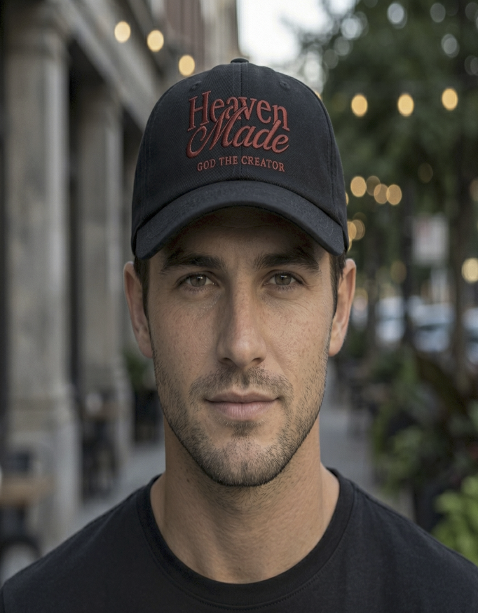 Man wearing a black cap with 'Heaven Made' text, standing outdoors.