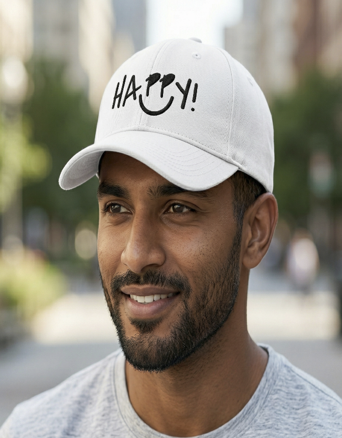 Man wearing a white cap with 'HAPPY!' text in an urban setting